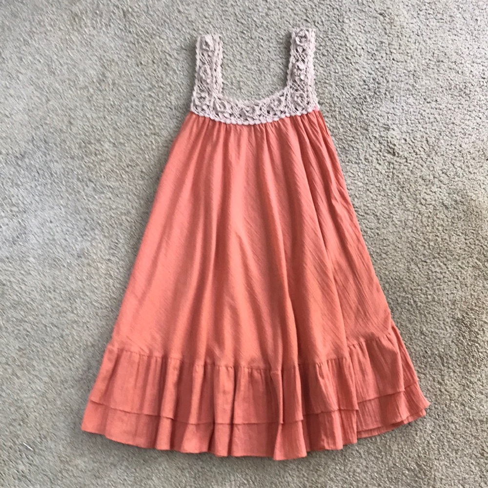 Peach Apricot Terracotta Women’s Babydoll Peasant Lacey Summer Dress - S